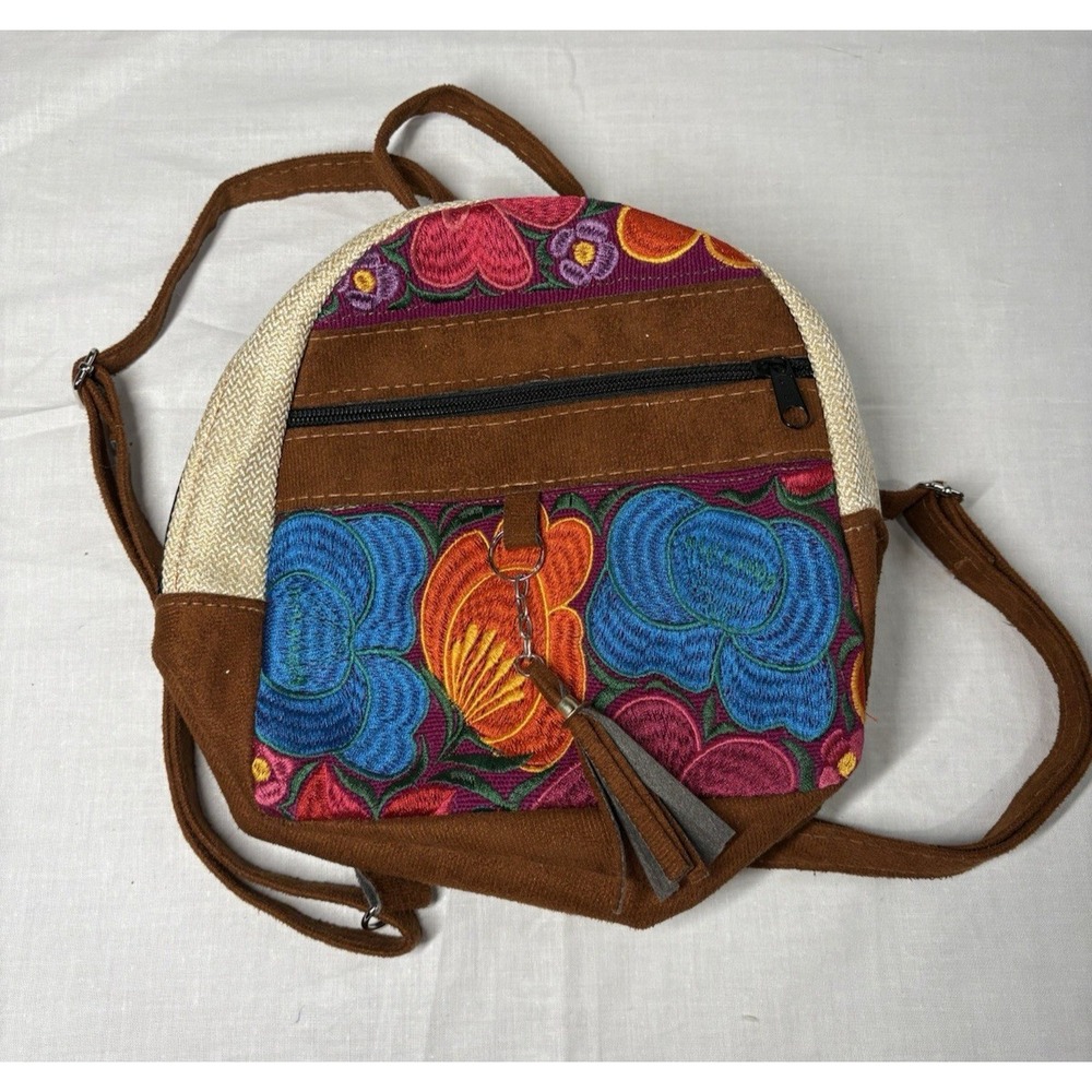 Colorful Embroidered Kids Backpack Handmade in Guatemala Brown Suede Fabric‎